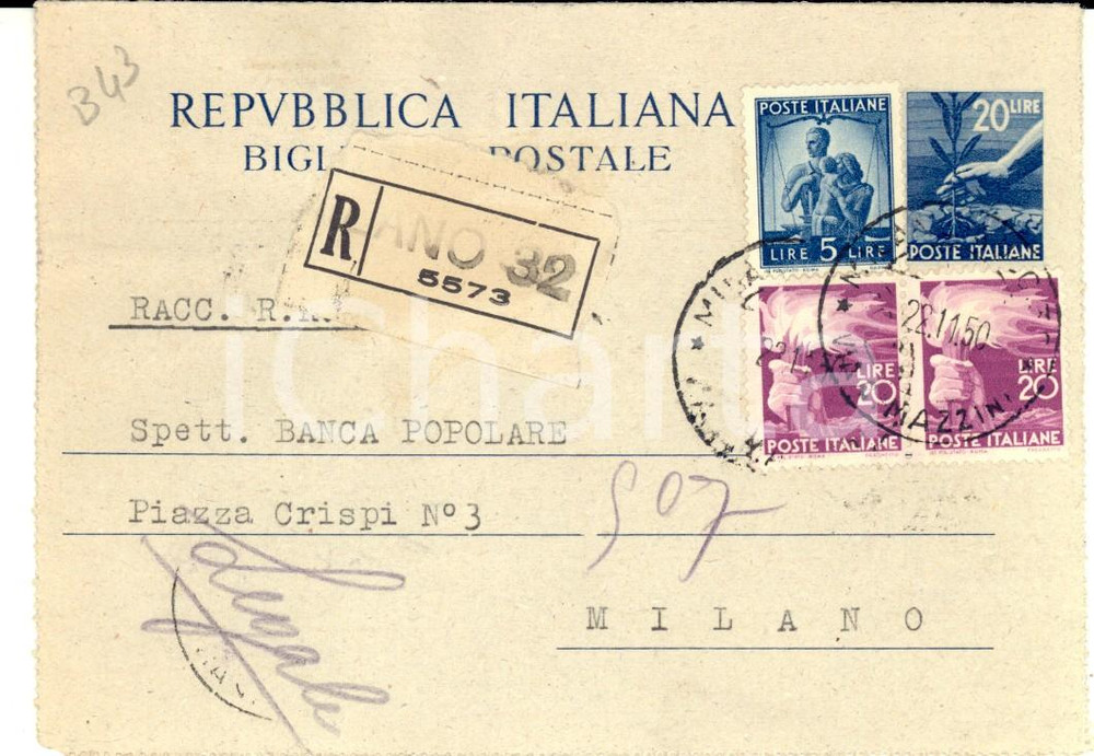 Cartolina originale da collezione 1950 MILANO STORIA POSTALE Biglietto Carlo BONI affrancato L. 20 + L. 5 1
