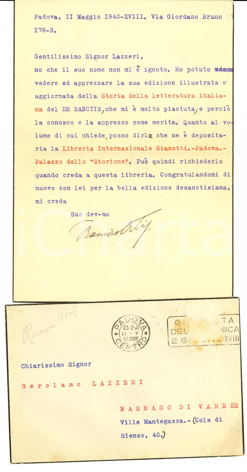 Autografo originale 1940 PADOVA Ramiro ORTIZ si congratula con Gerolamo LAZZERI Autografo 1