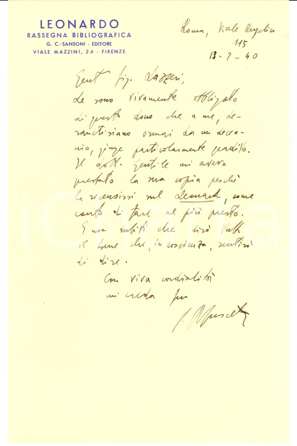 Autografo originale 1940 ROMA Rivista LEONARDO Lettera Carlo MUSCETTA a LAZZERI Autografo 1