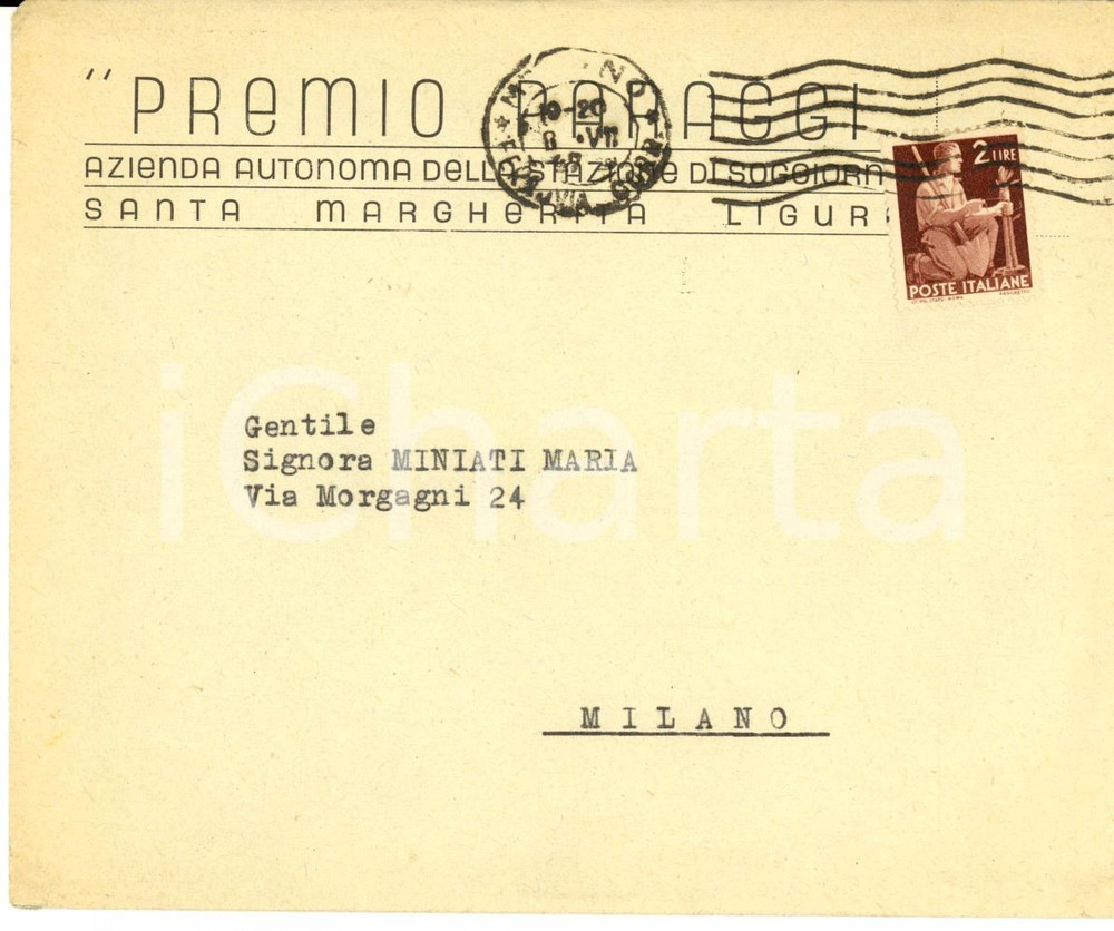 Oggetto da collezione cartaceo 1947 SANTA MARGHERITA LIGURE Busta intestata PREMIO PARAGGI Affrancata 2 Lire 1