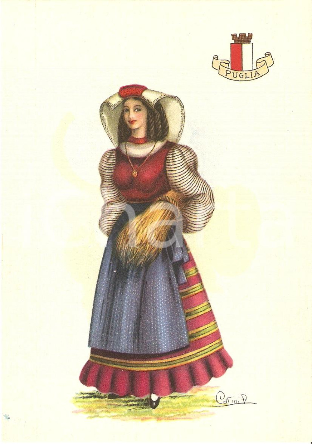 Cartolina originale da collezione 1950 ca PUGLIA Costumi regionali Ill. A. Carini *Cartolina postale FG NV 1