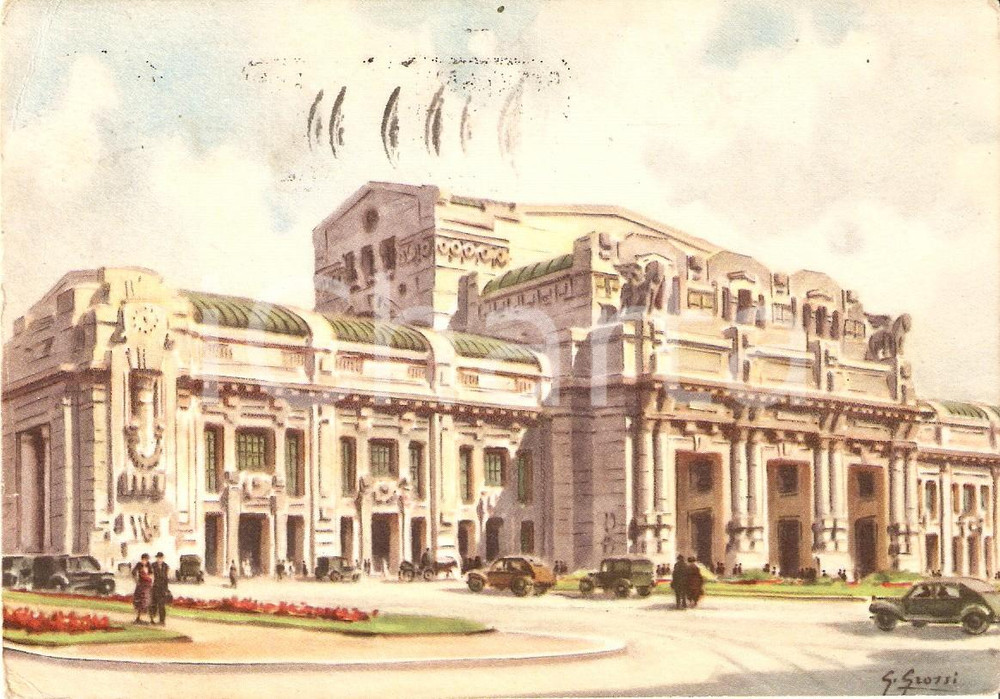 Cartolina originale da collezione 1951 MILANO Stazione Centrale ILLUSTRATA Giannino GROSSI Cartolina VINTAGE FG VG 1
