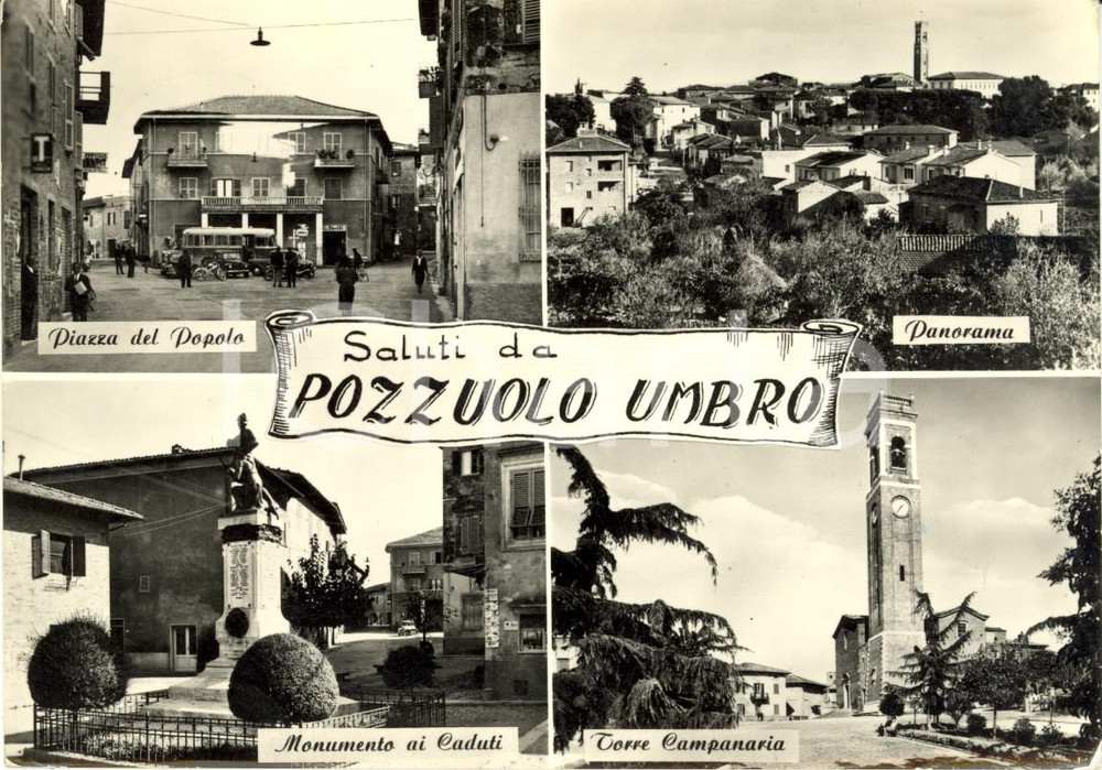 Cartolina originale da collezione 1962 POZZUOLO UMBRO (PG) Vedutine Piazza del POPOLO e torre *Cartolina FG VG 1