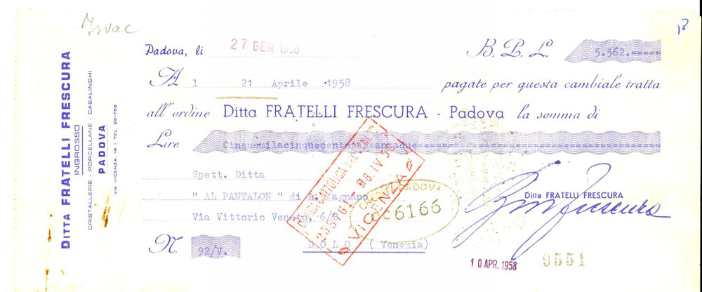 Documento originale, autentico 1958 DOLO VE Ditta fratelli FRESCURA  porcellane Assegno pubblicitario 1