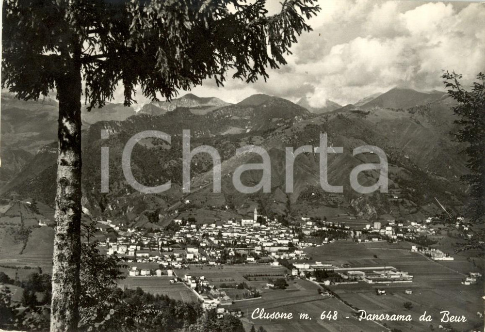 Cartolina originale da collezione 1963 CLUSONE BG Panorama paese e vallata da Monte BEUR Cartolina FG VG 1