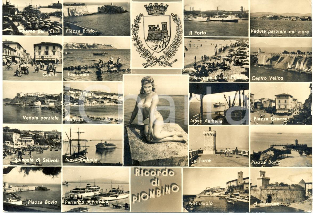 Cartolina originale da collezione 1960 PIOMBINO LI Vedutine PORTO Piazza BOVIO TORRIONE nave AETHALIA ANIMATA 1