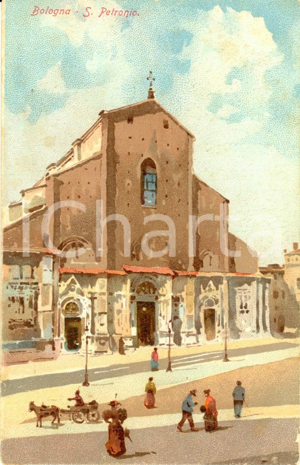 Cartolina originale da collezione 1900 ca BOLOGNA Facciata della basilica di San PETRONIO *ILLUSTRATA ANIMATA FP 1