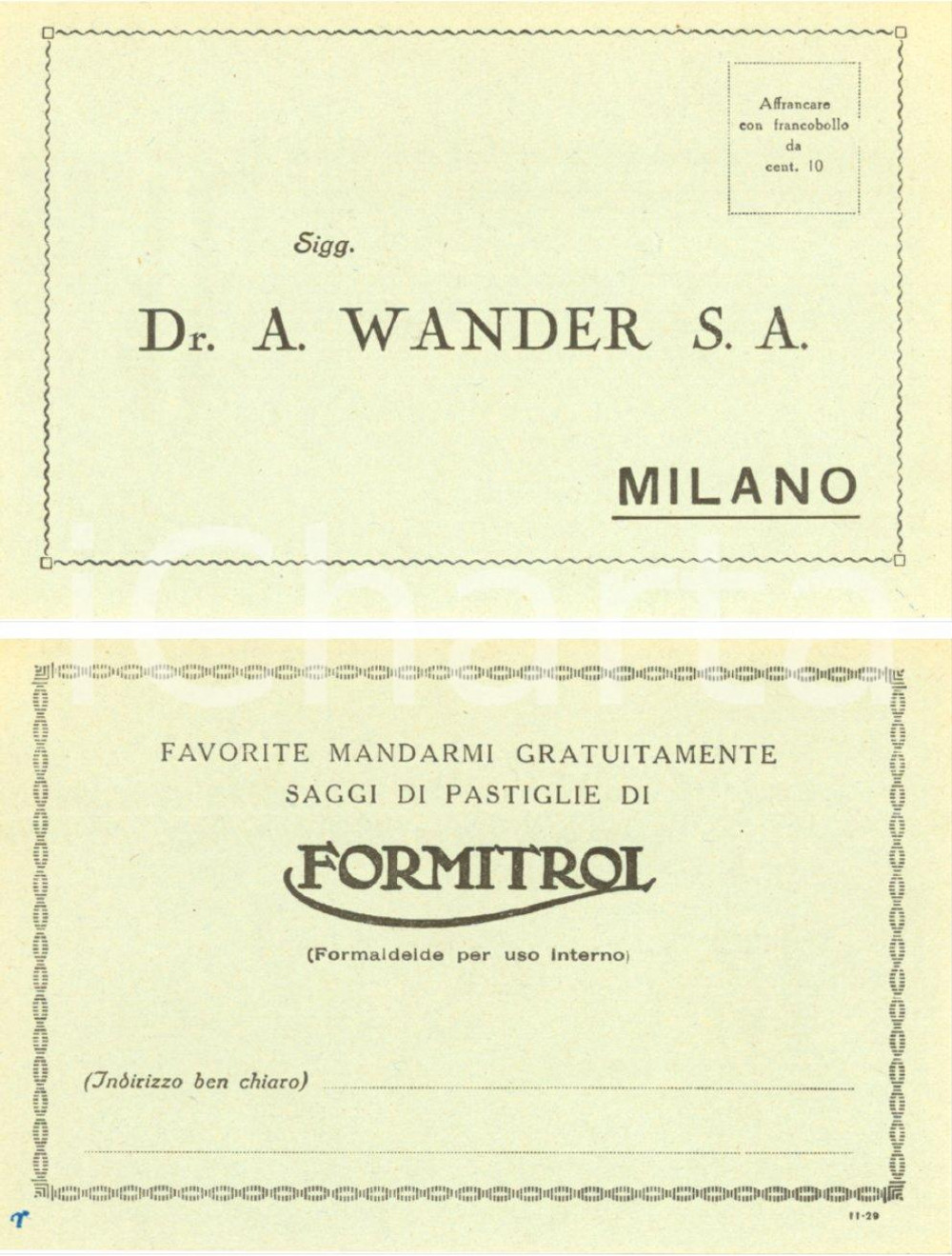 Cartolina originale da collezione 1929 MILANO Dottor WANDER invio gratuito pastiglie FORMITROL *Cartolina FP NV 1