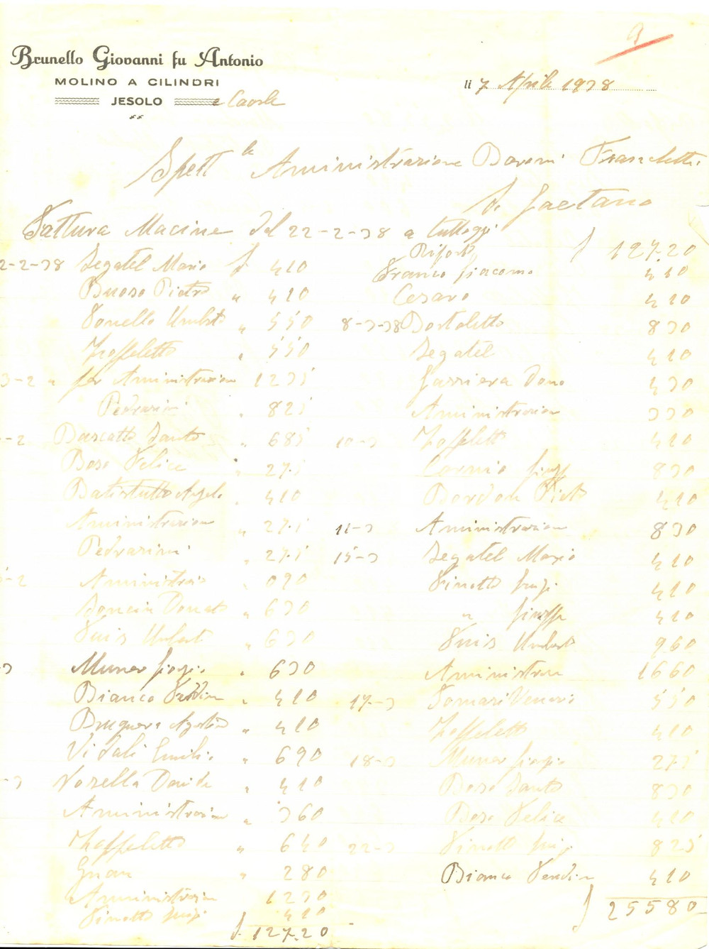 Documento originale, autentico 1938 JESOLO VE Giovanni BRUNELLO mulino a cilindri Fattura commerciale 1