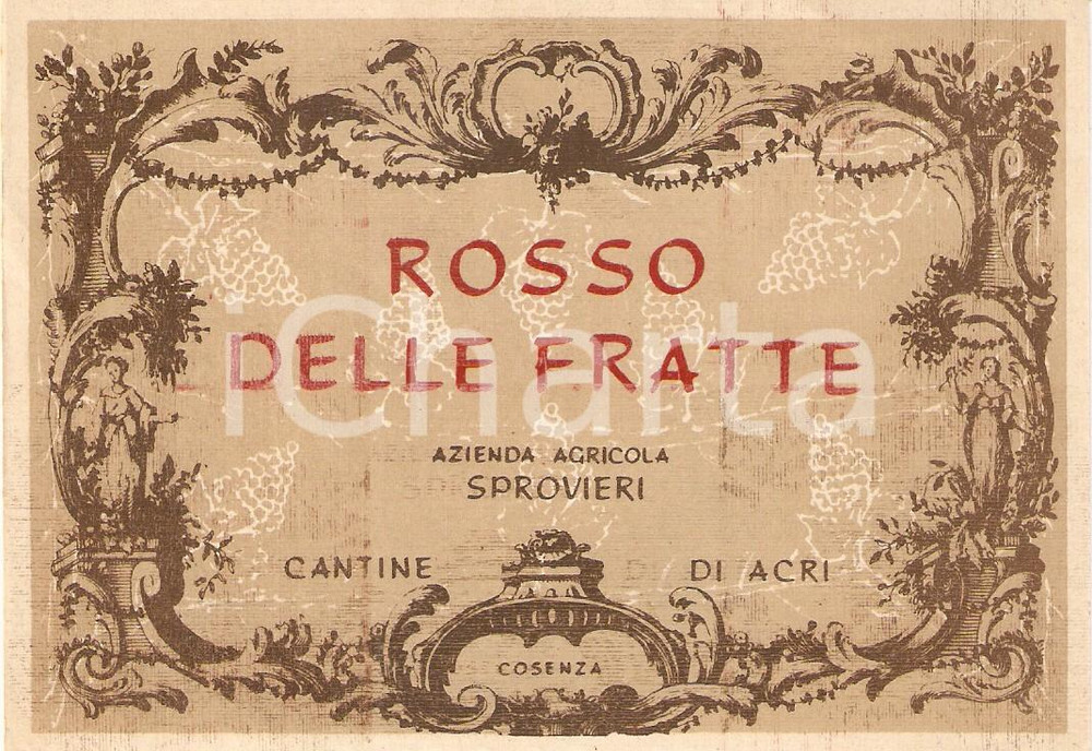 Materiale pubblicitario d’epoca 1955 ca ACRI CS Azienda agricola SPROVIERI Rosso delle fratte Etichetta 1