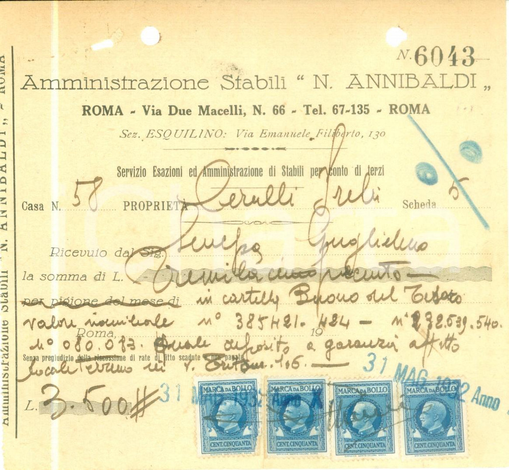 Documento originale, autentico 1932 ROMA Amministrazione Stabili ANNIBALDI Ricevuta Guglielmo SENESSA 1