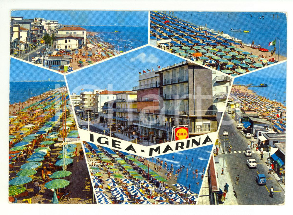 Cartolina originale da collezione 1970 ca BELLARIA - IGEA MARINA (RN) Vedutine con spiaggia - SHELL *Cartolina FG 1