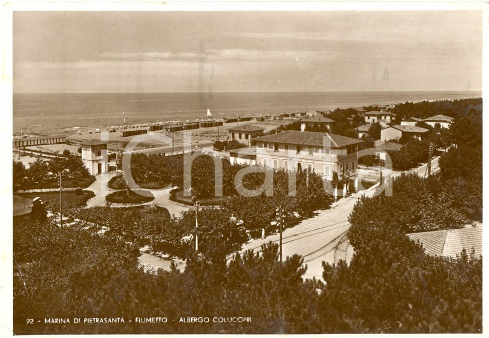 Cartolina originale da collezione 1937 PIETRASANTA (LU) Veduta della spiaggia e dell'ALBERGO COLUCCINI *FG VG 1