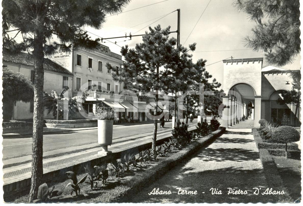 Cartolina originale da collezione 1954 ABANO TERME (PD) Via PIETRO D'ABANO e Portici *Cartolina FG VG 1