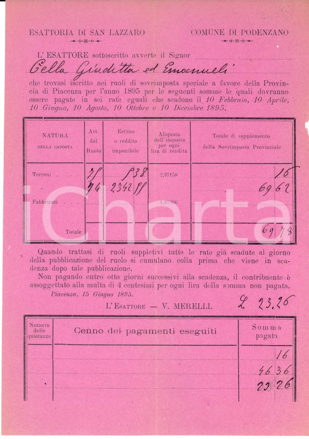 Documento originale, autentico 1895 PODENZANO (PC) Esattoria SAN LAZZARO - Ruoli di Giuditta CELLA 1