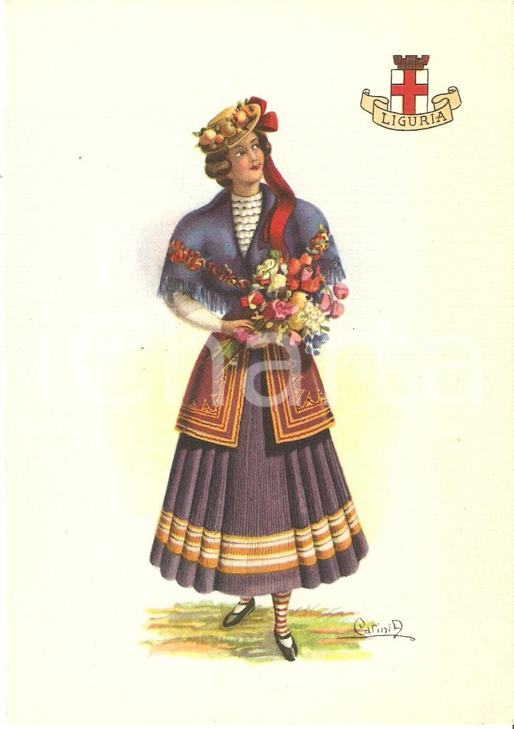 Cartolina originale da collezione 1950 ca LIGURIA Costumi regionali Ill. A. CARINI *Cartolina postale FG NV 1