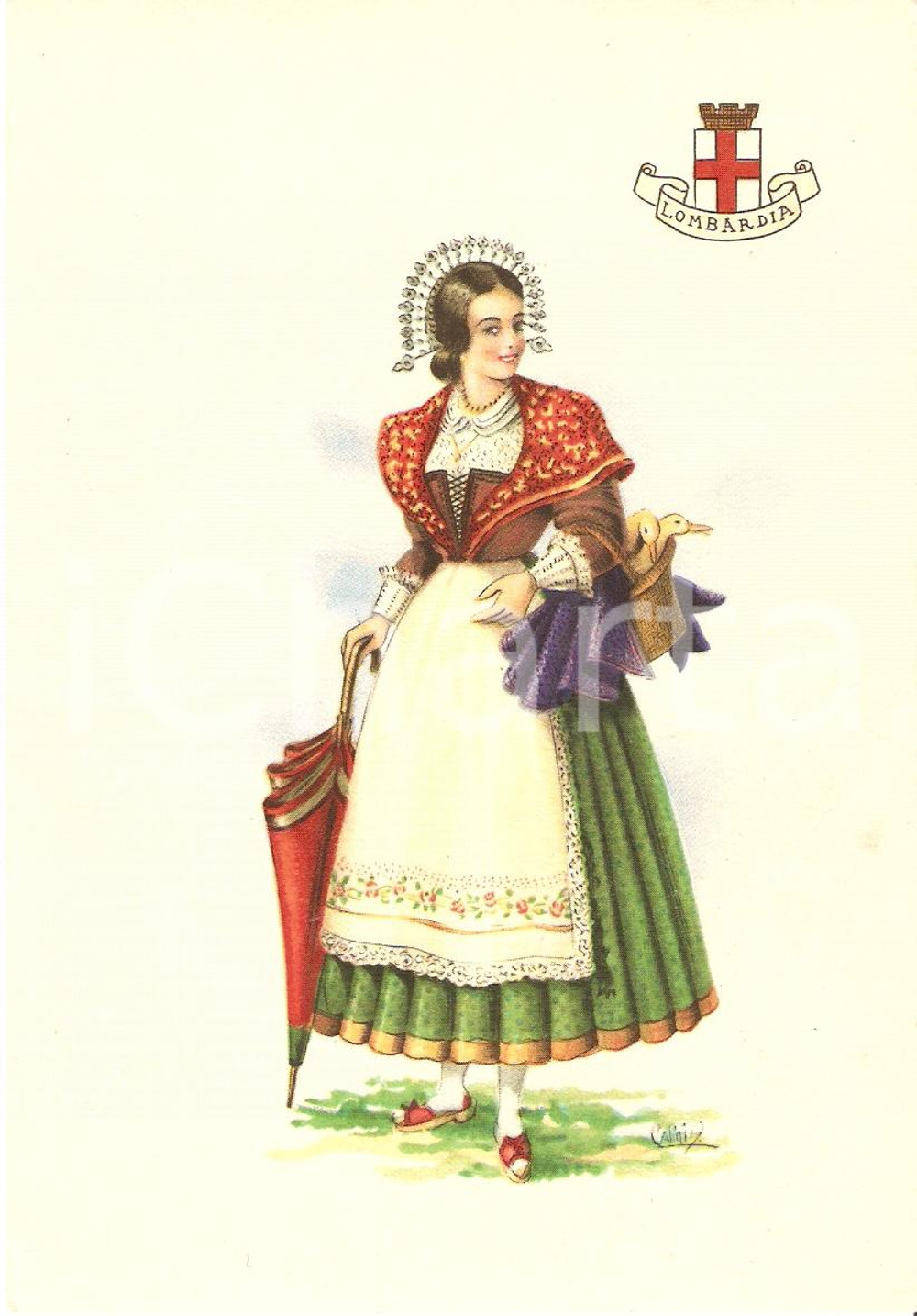 Cartolina originale da collezione 1950 ca LOMBARDIA Costumi regionali Ill. A. CARINI *Cartolina postale FG NV 1