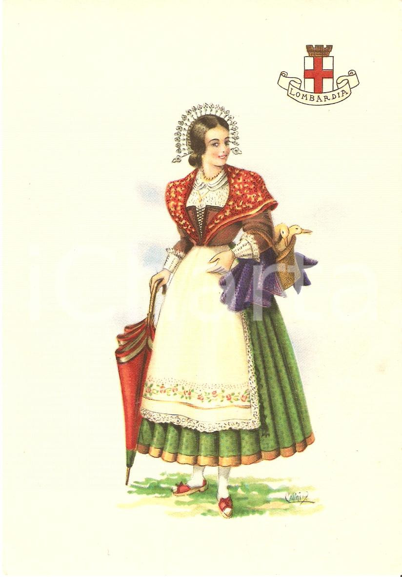 Cartolina originale da collezione 1950 ca LOMBARDIA Costumi regionali Ill. A. CARINI Cartolina postale FG NV 1