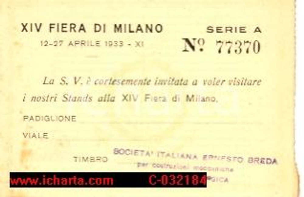 Oggetto da collezione cartaceo 1933 XIV FIERA DI MILANO Padiglione Ernesto BredaInvito 1