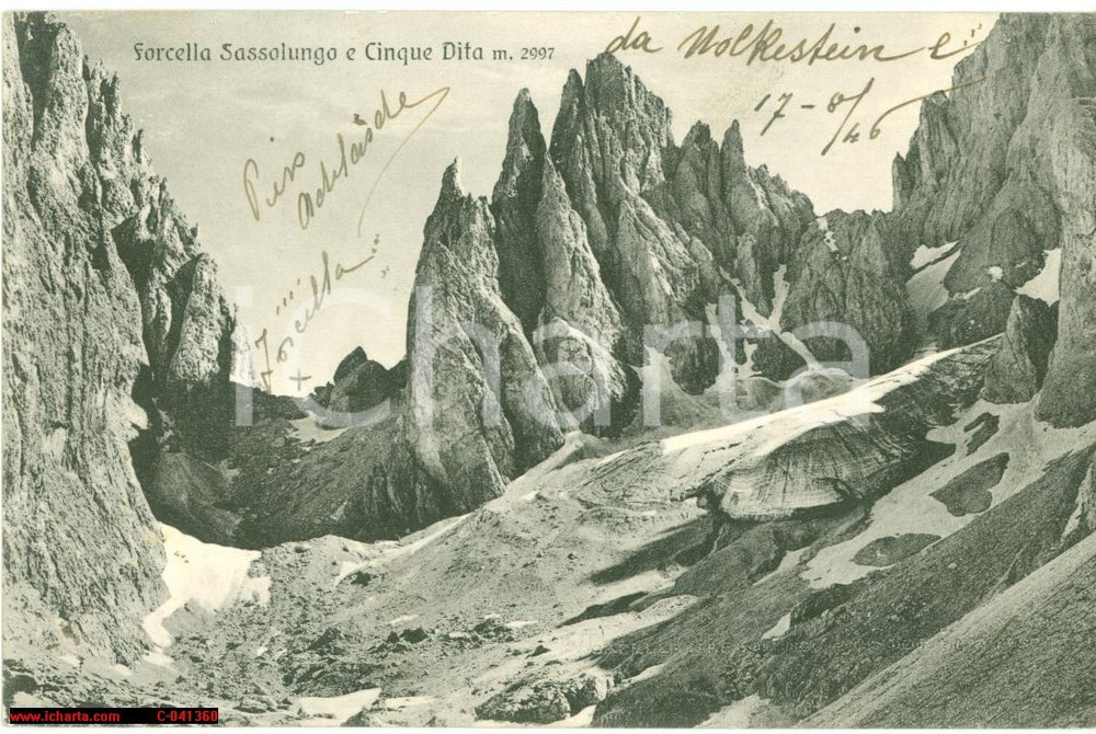 Cartolina originale da collezione 1946 BOLZANO Forcella SASSOLUNGO e Punta CINQUE DITA 1