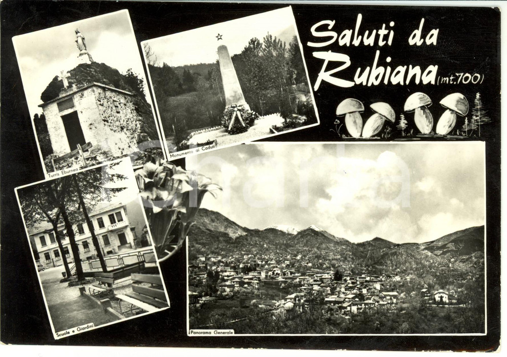 Cartolina originale da collezione 1961 RUBIANA TO Vedutine con Monumento Caduti e TURRIS EBURNEA Cartolina VG 1