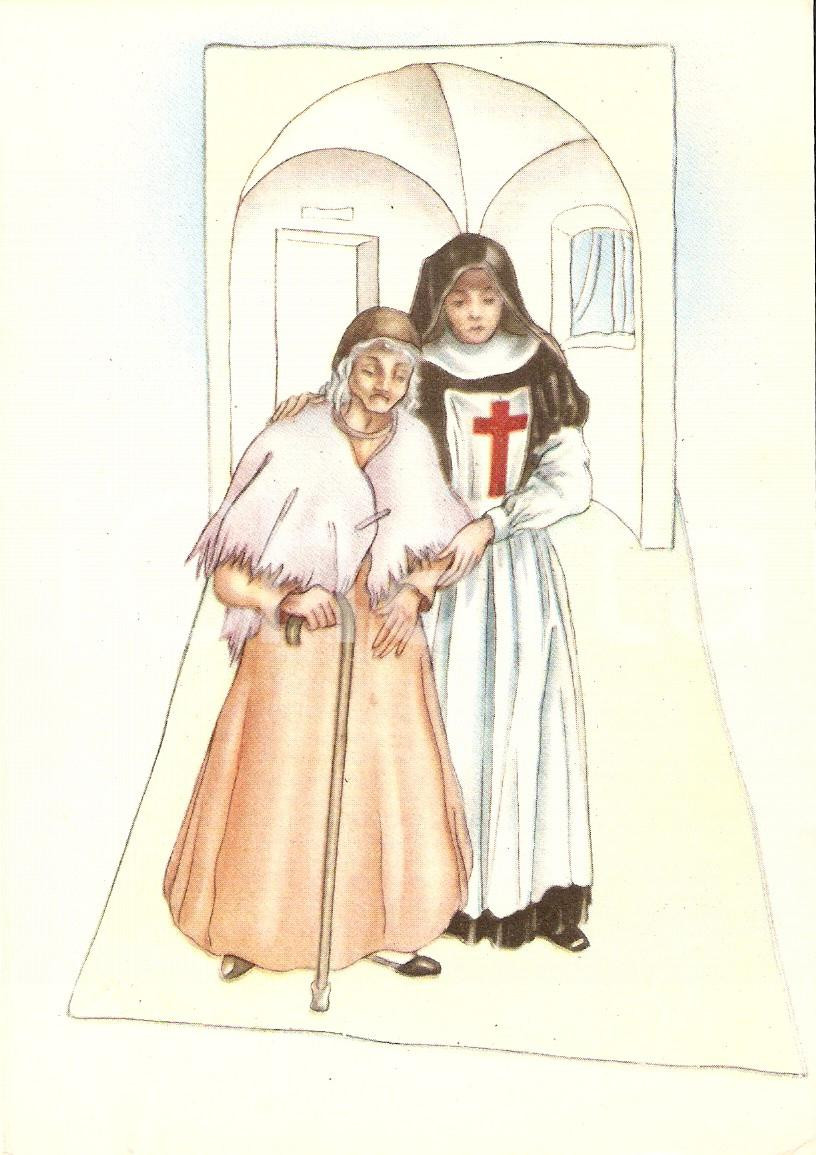 Cartolina originale da collezione 1960 ca UNIONE INFERMIERE SAN CAMILLO Suora aiuta anziana Cartolina FG NV 1