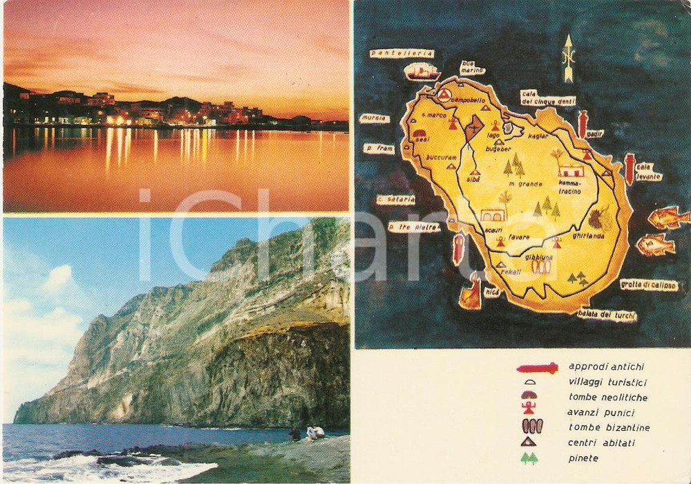 Cartolina originale da collezione 1970 PANTELLERIA TP Vedutine con Balata dei turchi e tramonto Cartolina FG VG 1