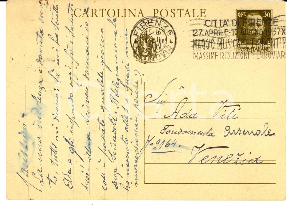Cartolina originale da collezione 1937 FIRENZE STORIA POSTALE Cartolina timbro pubblicitario MAGGIO MUSICALE FG VG 1
