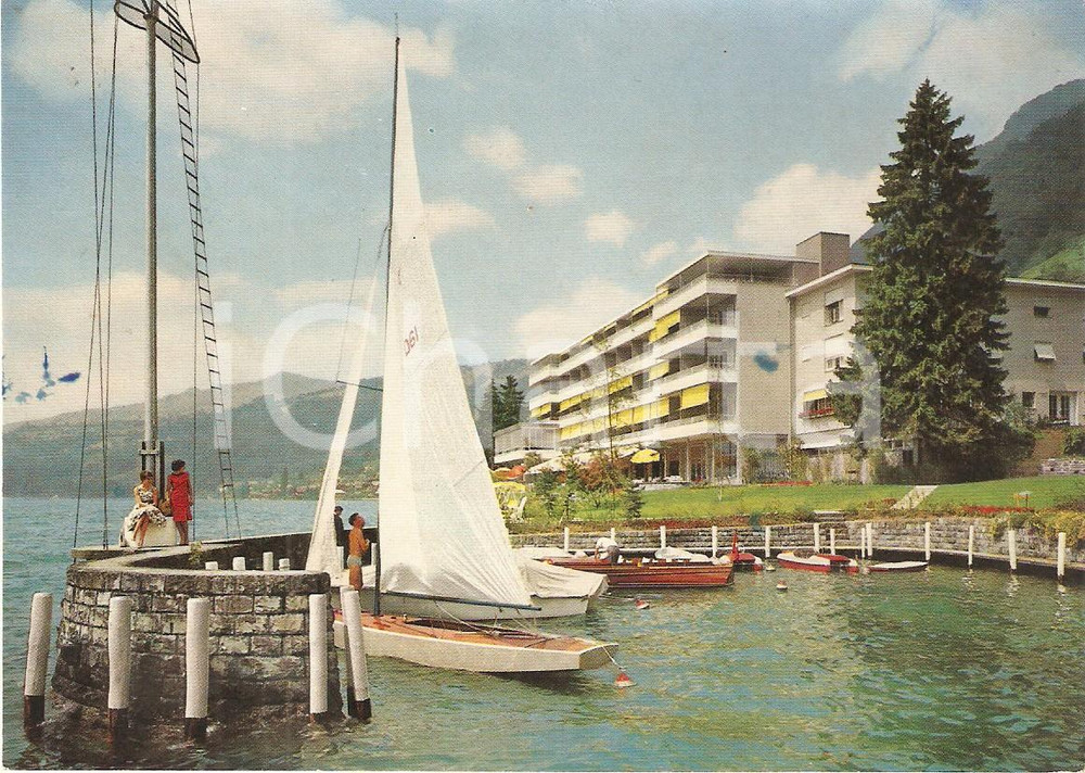 Cartolina originale da collezione 1965 ca MERLINGEN SVIZZERA Barca a vela davanti all Hotel BEATUS Cartolina FG 1