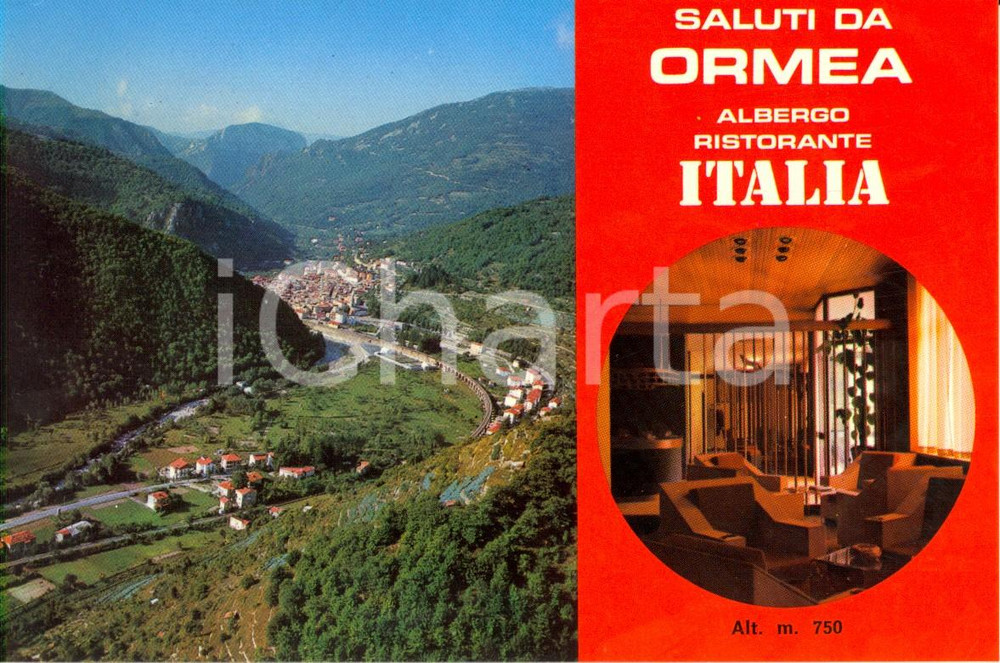 Cartolina originale da collezione 1980 ca ORMEA (CN) Albergo ristorante ITALIA e veduta paese *Cartolina VINTAGE 1