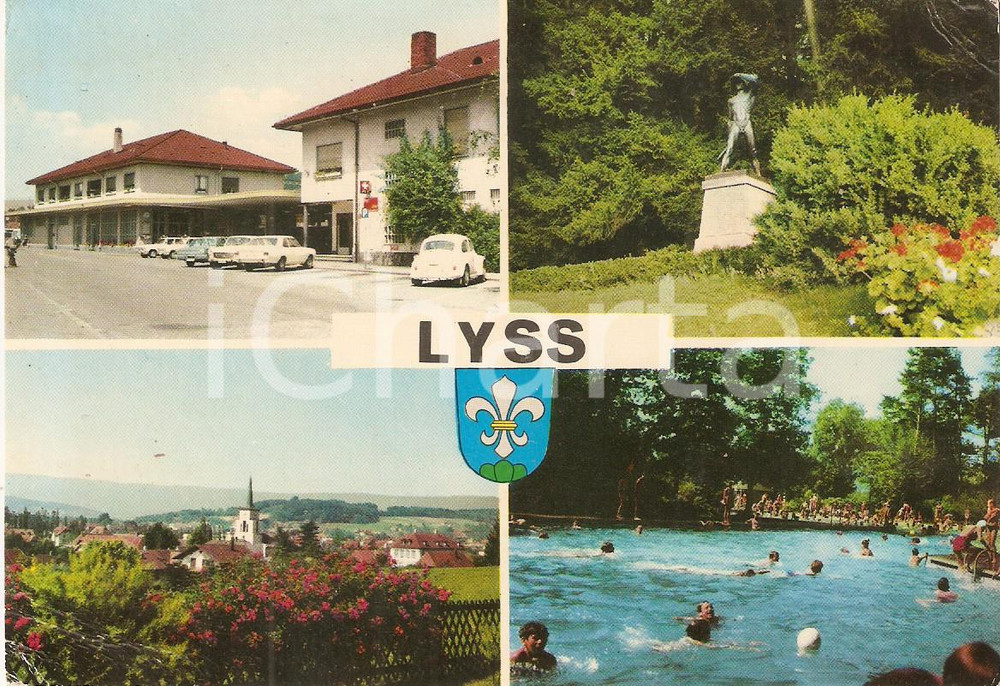 Cartolina originale da collezione 1960 ca LYSS SVIZZERA Vedutine con piscina e panorama Cartolina FG NV 1
