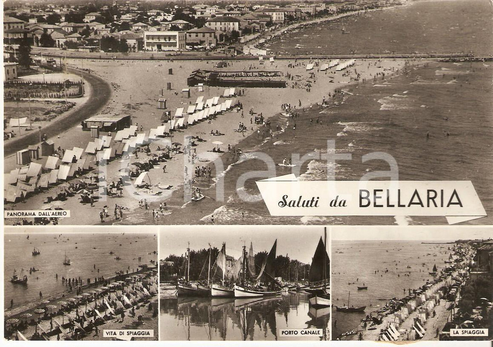 Cartolina originale da collezione 1961 BELLARIA IGEA MARINA RN Porto Canale e spiaggia Vedutine Cartolina FG VG 1