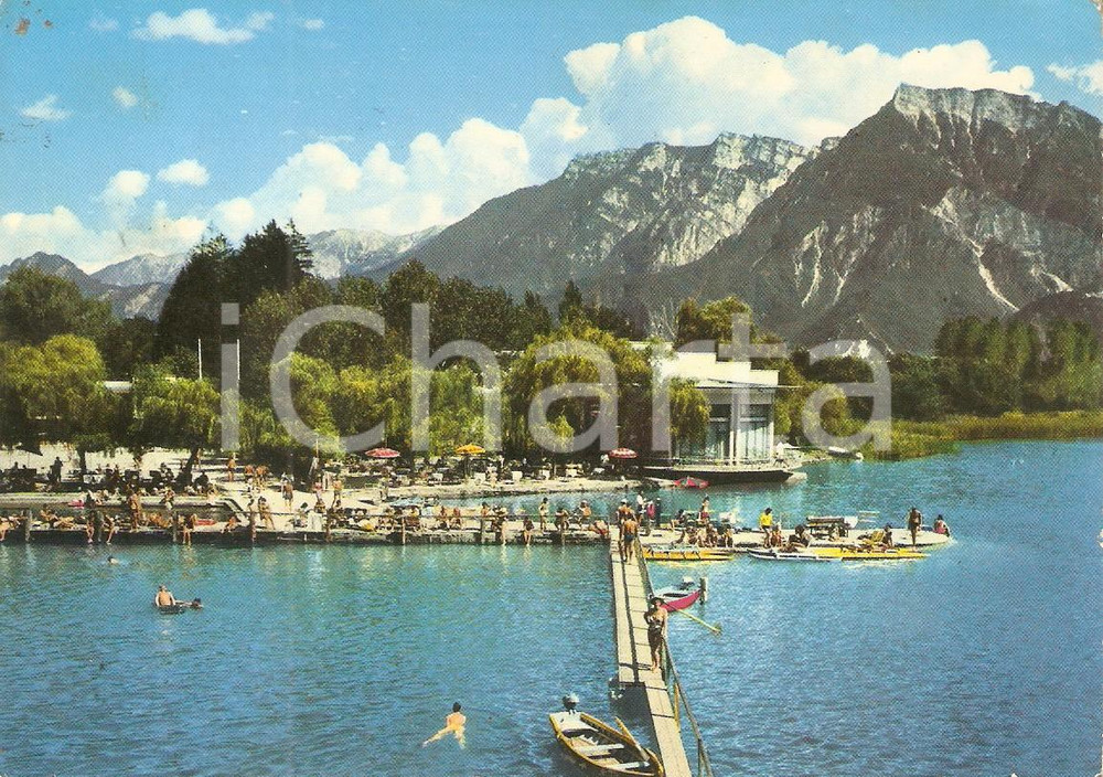 Cartolina originale da collezione 1963 LEVICO TERME (TN) Bagnanti al lido e Cima Vezzena *Cartolina FG VG 1