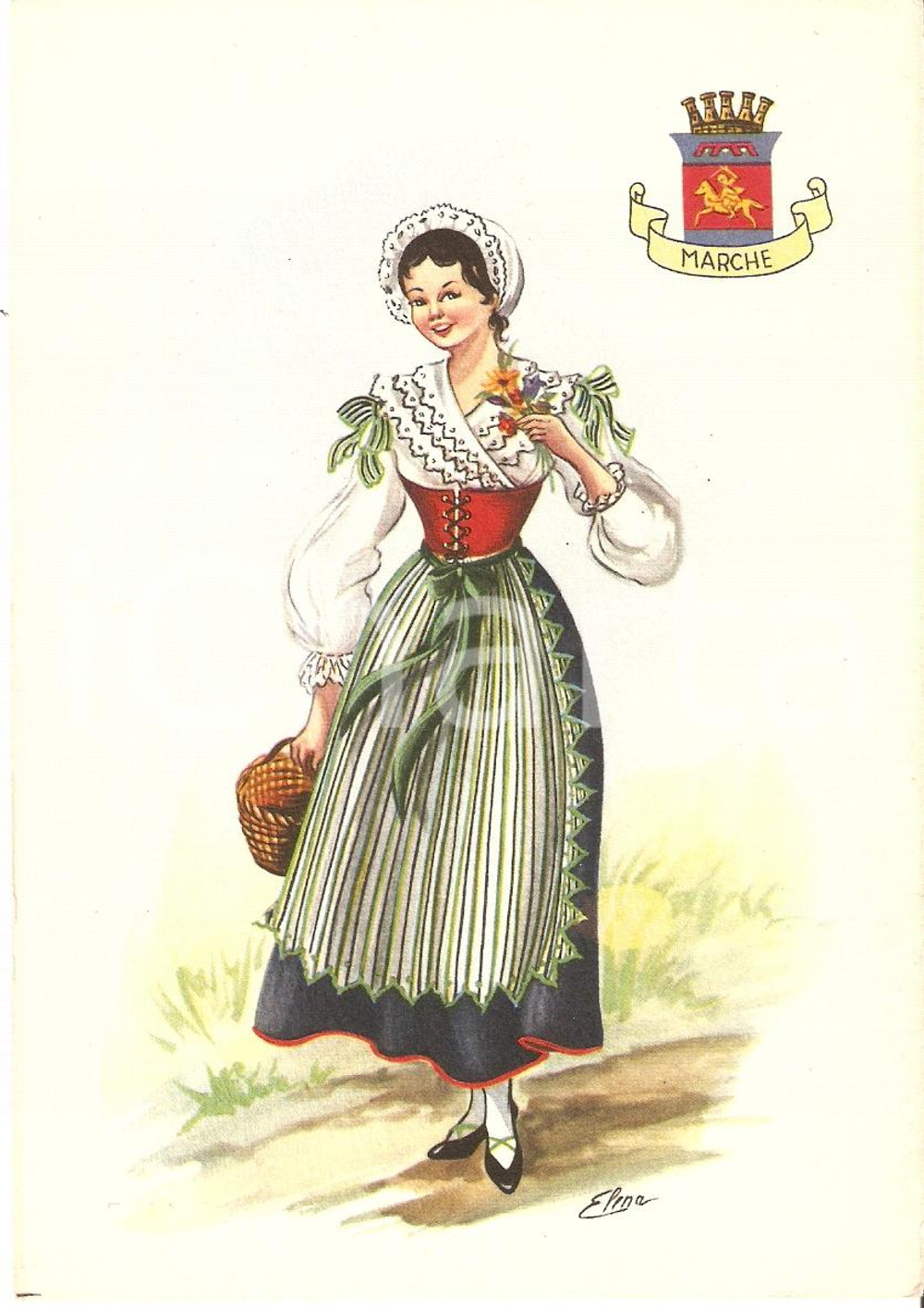 Cartolina originale da collezione 1950 ca MARCHE Costumi regionali Ill. A. CARINI *Cartolina postale FG NV 1