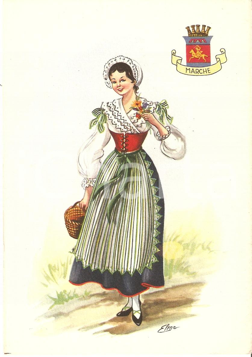 Cartolina originale da collezione 1950 ca MARCHE Costumi regionali Ill. A. CARINI Cartolina postale FG NV 1