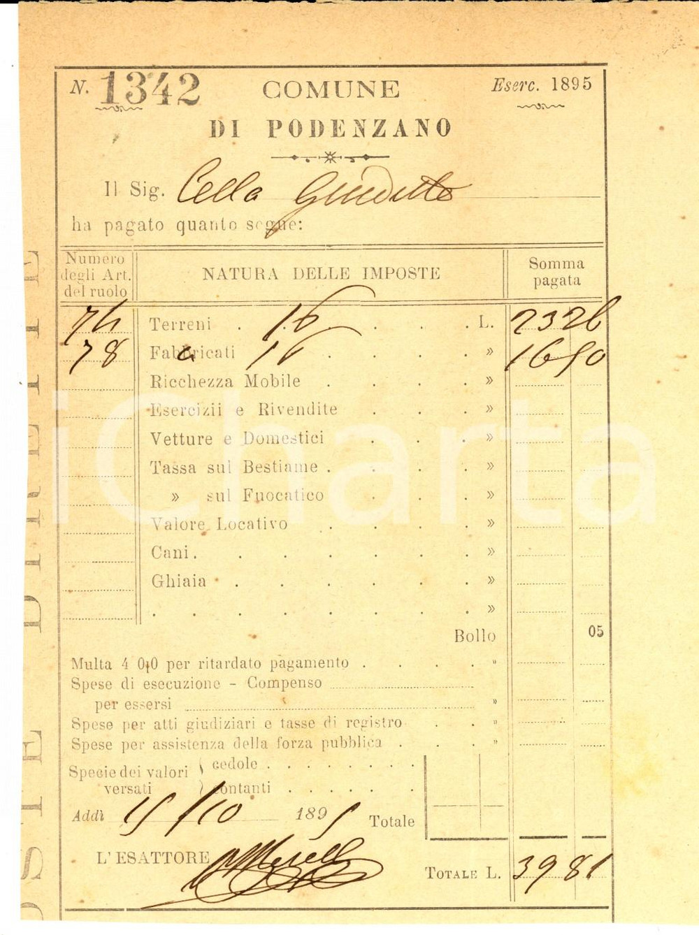 Documento originale, autentico 1895 PODENZANO (PC) Ricevuta a Giuditta CELLA per imposte terreni 1