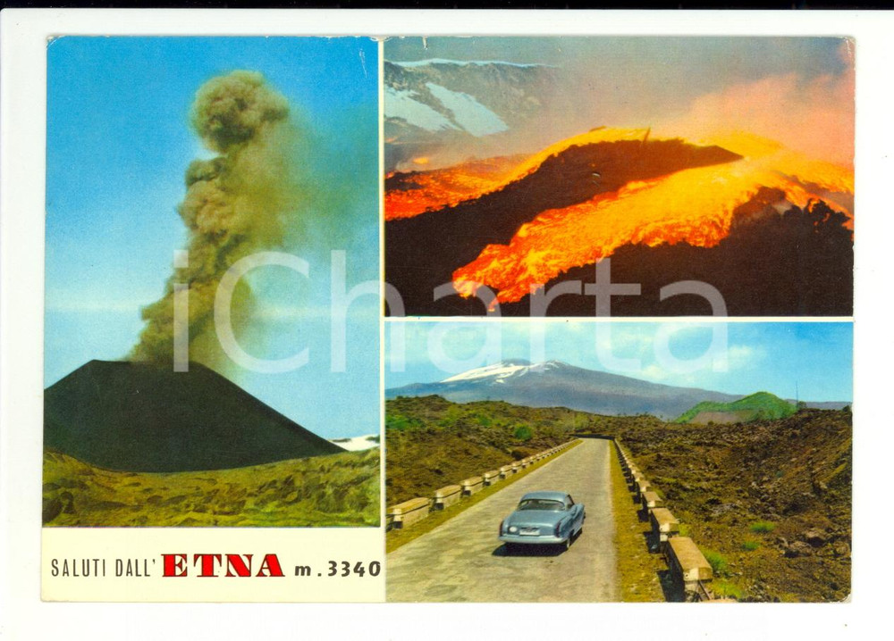 Cartolina originale da collezione 1971 ENNA Vedutine con eruzione ETNA Cartolina ANIMATA VINTAGE FG VG 1