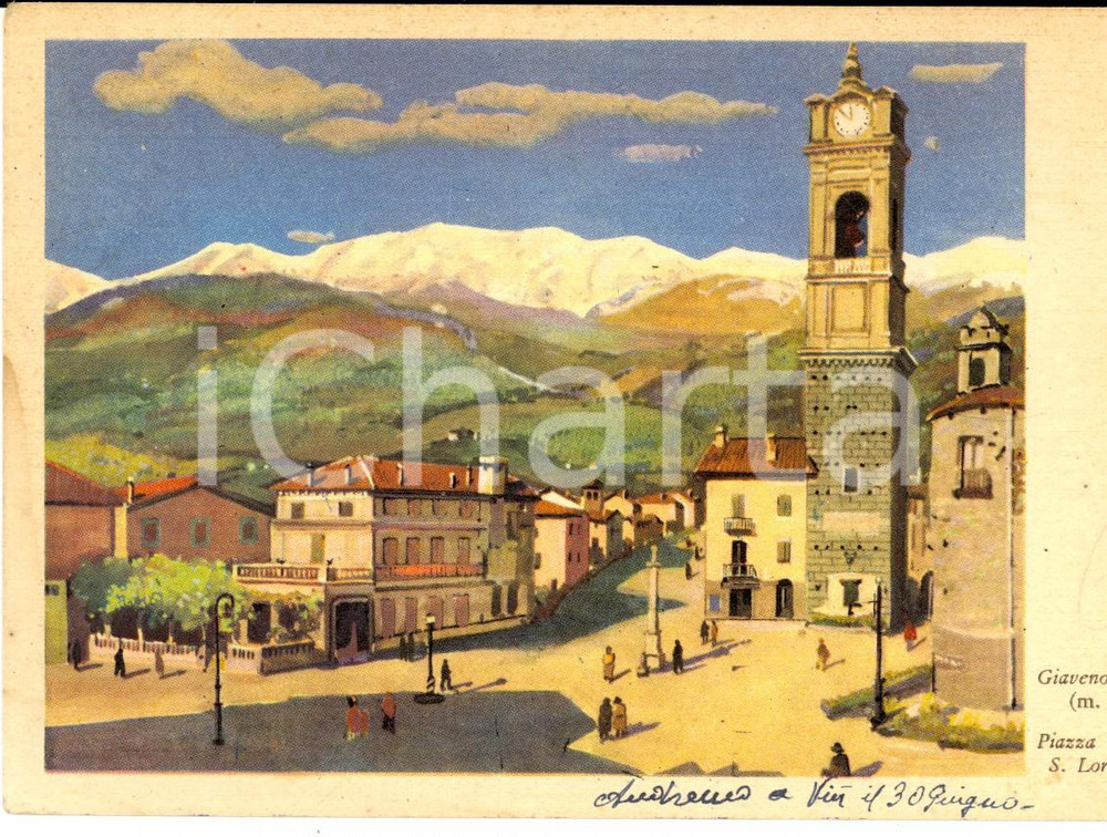 Cartolina originale da collezione 1953 GIAVENO TO Piazza e chiesa di SAN LORENZO Cartolina ILLUSTRATA FG VG 1