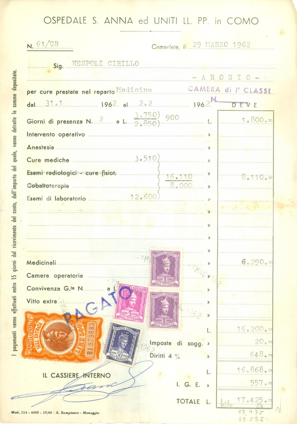 Documento originale, autentico 1962 CAMERLATA CO Ospedale SANT ANNA ED UNITI Fattura commerciale 1
