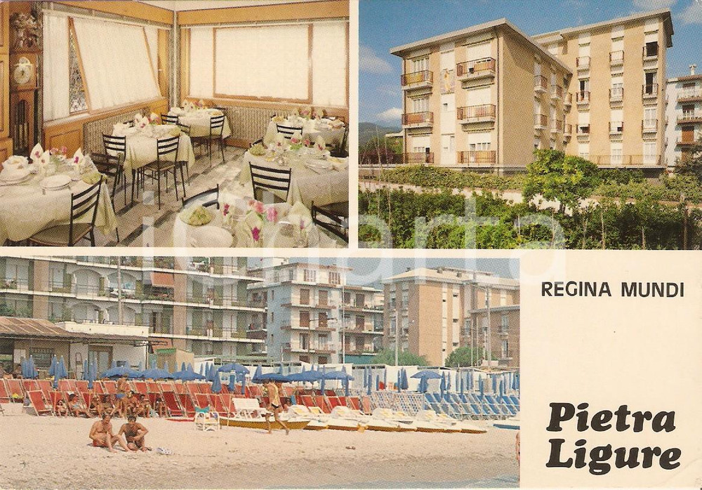 Cartolina originale da collezione 1960 ca PIETRA LIGURE (SV) Pensione REGINA MUNDI Vedutine *Cartolina VINTAGE FG 1