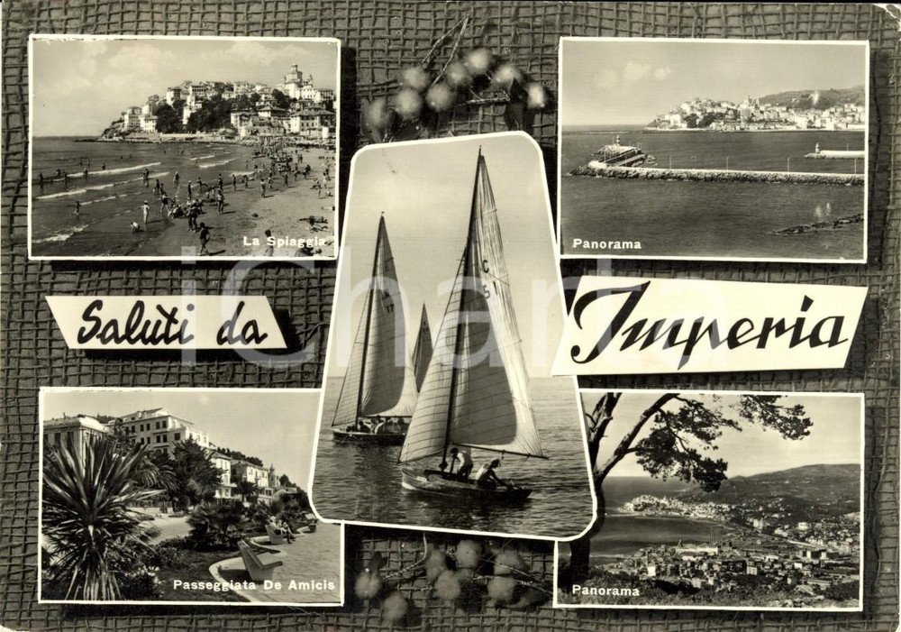 Cartolina originale da collezione 1963 IMPERIA Vedutine spiaggia e passeggiata DE AMICIS Cartolina ANIMATA VG 1