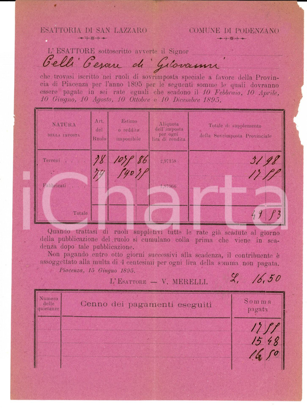 Documento originale, autentico 1895 PODENZANO (PC) Esattoria SAN LAZZARO - Ruoli di Cesare CELLI 1