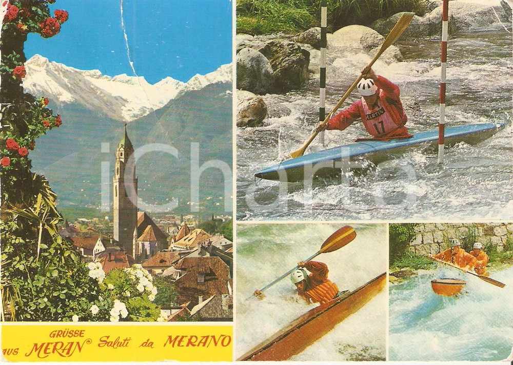 Cartolina originale da collezione 1980 ca MERANO BZ Rafting nel torrente Passirio Cartolina FG VG 1