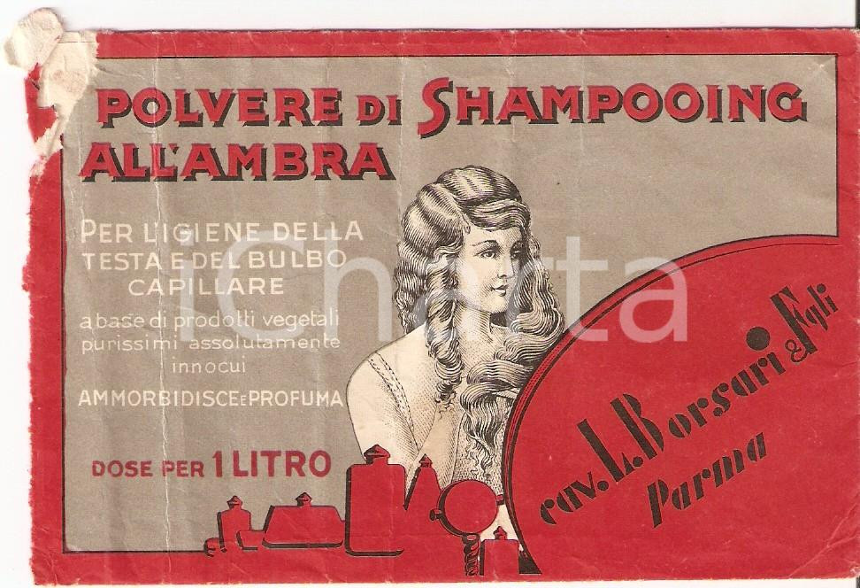 Materiale pubblicitario d’epoca 1910 ca PARMA Cavalier BORSARI Polvere di shampooing all ambra Busta DANNEGGIATA 1