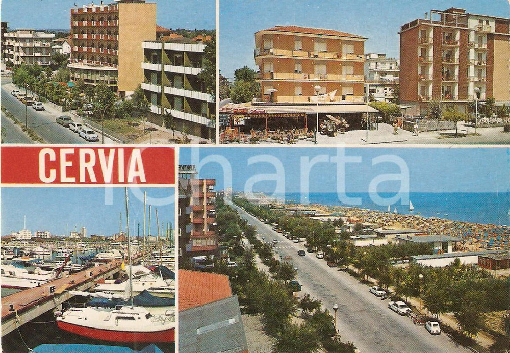 Cartolina originale da collezione 1979 CERVIA RA Vedutine con alberghi e molo Cartolina FG VG 1