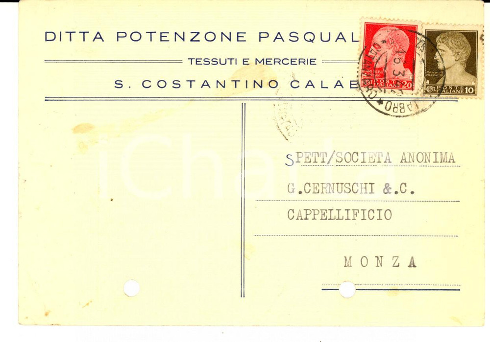Cartolina originale da collezione 1942 S. COSTANTINO CALABRO Ditta Pasquale POTENZONE tessuti e mercerie Cartolina 1