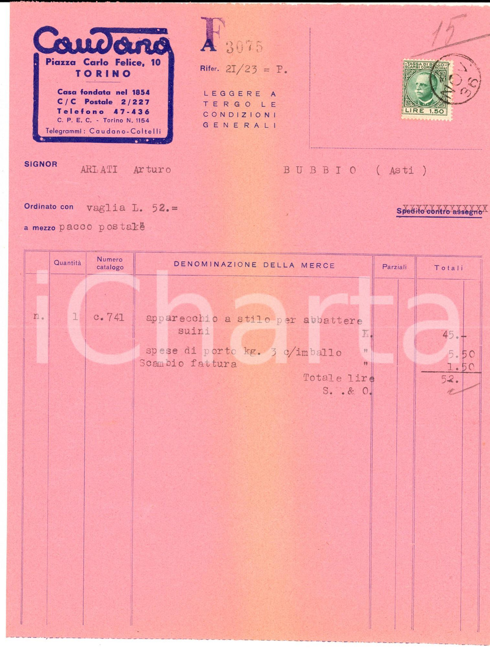 Documento originale, autentico 1936 TORINO Ditta CAUDANO Fattura intestata per apparecchio abbattimento suini 1