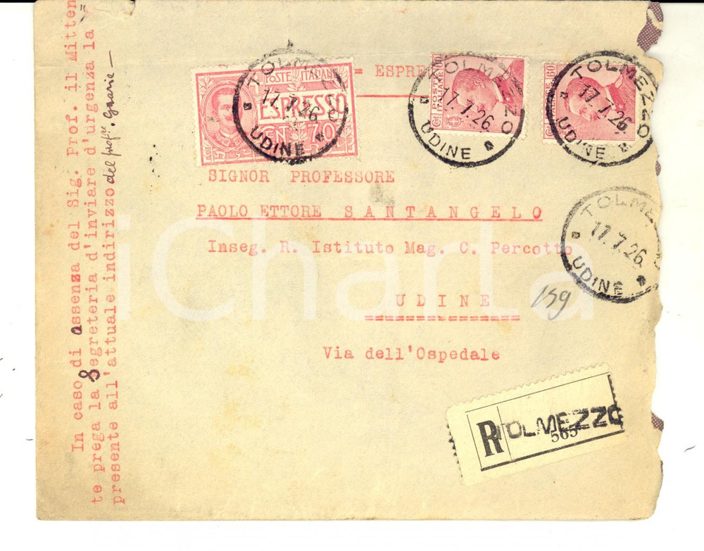 Cartolina originale da collezione 1926 STORIA POSTALE Busta TOLMEZZO per UDINE Espresso floreale cent. 70 + 60 1