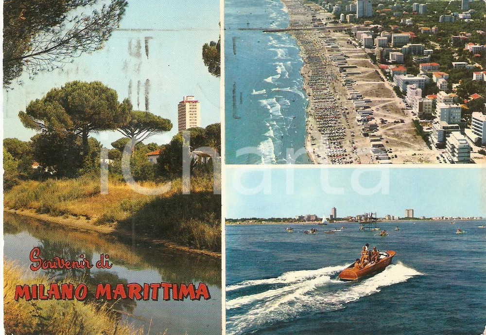 Cartolina originale da collezione 1971 MILANO MARITTIMA RA Vedutine con pineta e motoscafo Cartolina FG VG 1