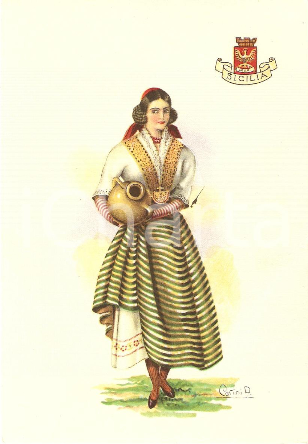 Cartolina originale da collezione 1950 ca SICILIA Costumi regionali Ill. A. CARINI *Cartolina postale FG NV 1